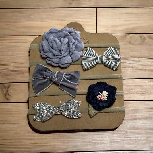 Baby Girl Mixed Bow And Flower Navy Headband Set Of 5